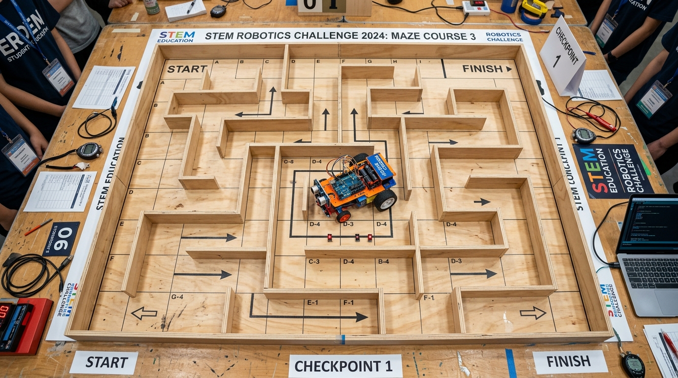Robotics buggy in wooden maze course with PID pathfinding