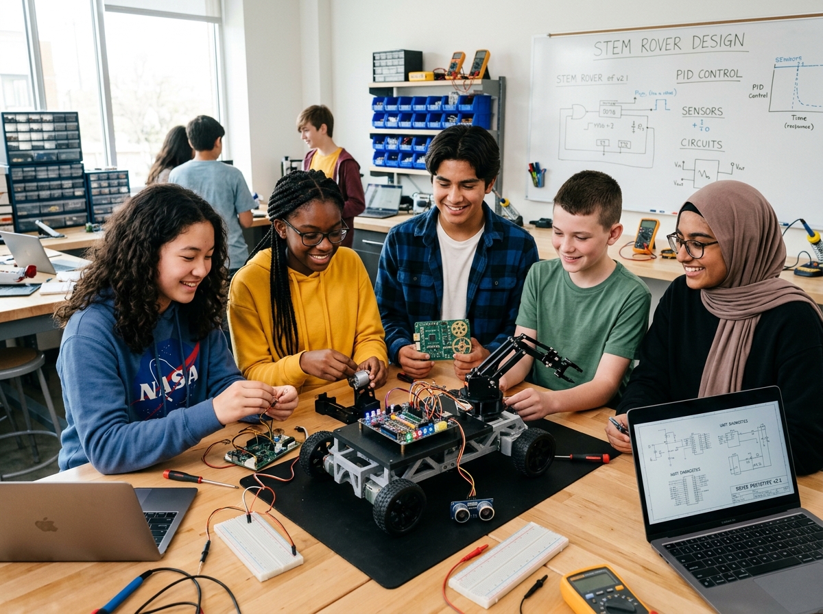 Students in robotics lab designing circuit blueprints