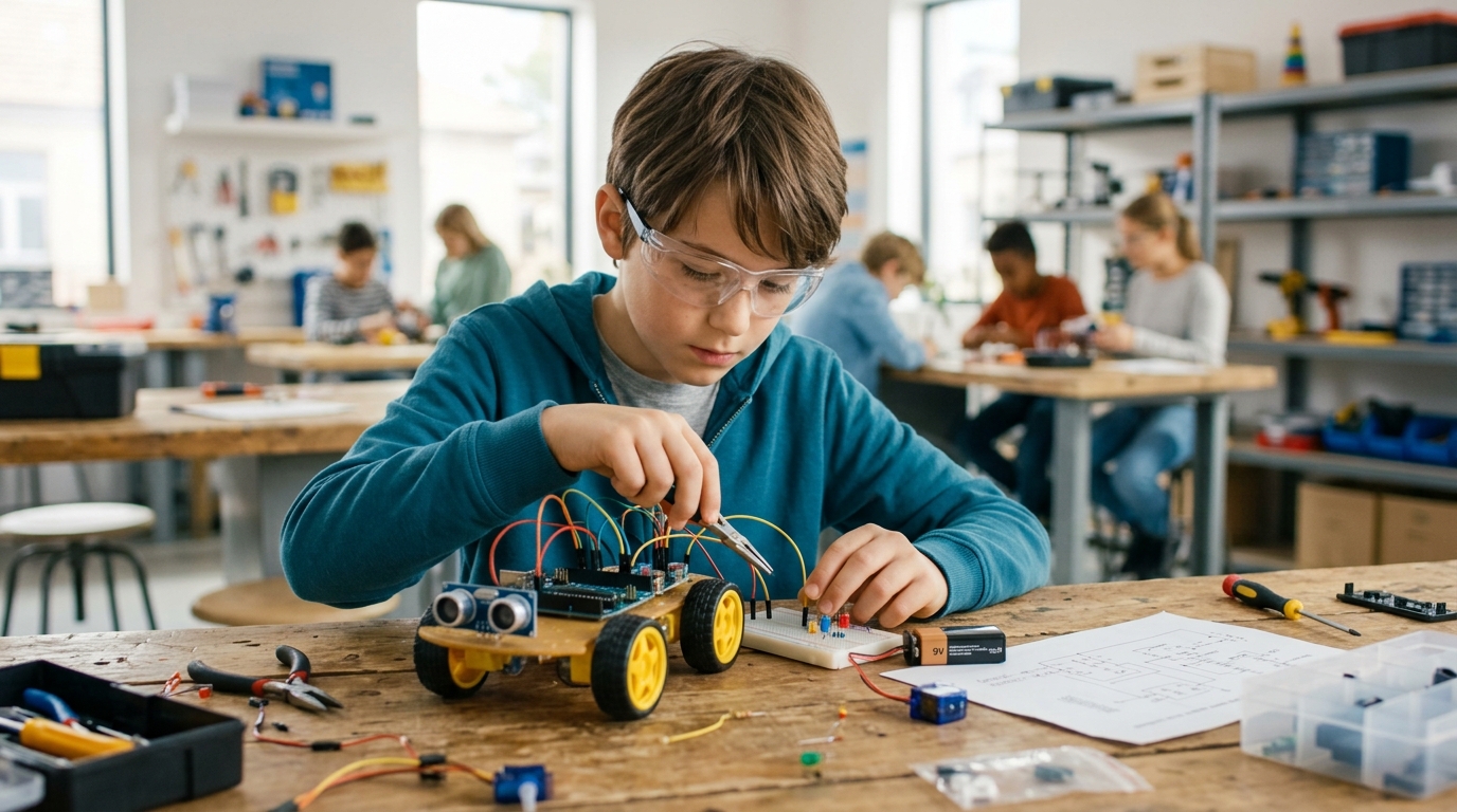 Student wearing protective safety glasses building a robotics STEM vehicle